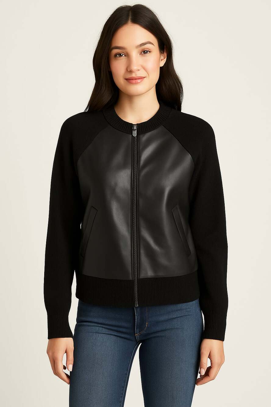 Evereve XS Black Faux Leather Zip Cardigan Sweater